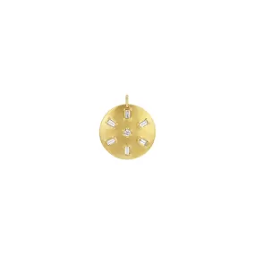 14k Single Baguette & Round Diamond Brushed Gold Domed Disc Pendant