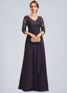 Alexia A-line V-Neck Floor-Length Chiffon Lace Mother of the Bride Dress With Cascading Ruffles Sequins STKP0021796