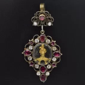 Antique 18th Century Gilt Silver Garnet, Crystal & Sea Pearl Pendant