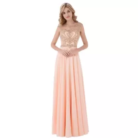 Applique Beaded Long Prom Dresses Dusty Pink Chiffon Evening Dresses A-Line Formal Dresses,LX475