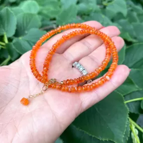 Bright Orange Carnelian Beaded Choker Necklace, Gold Filled Details, 16inch