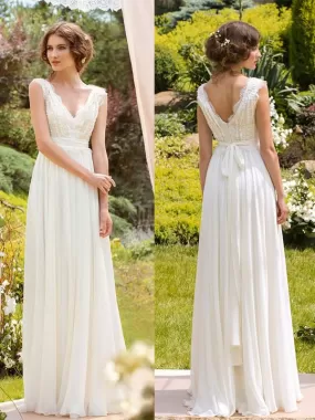 Chiffon Lace Wedding Dress Ivory A Line V Neck Cheap Wedding Dress #ER352