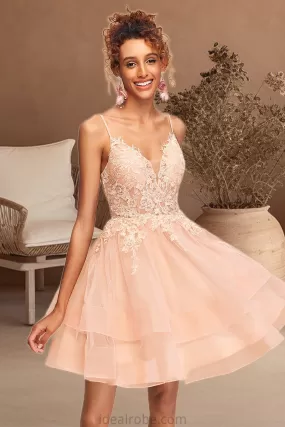 Emely A-line V-Neck Short/Mini Lace Tulle Homecoming Dress STKP0020524