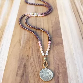 Garnet and Love Gemstones Mala Necklace with Tibetan Calendar Pendant