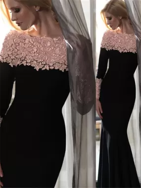 Mermaid Black Prom Dress Vintage Long Sleeve Sexy Prom Dress #ER365