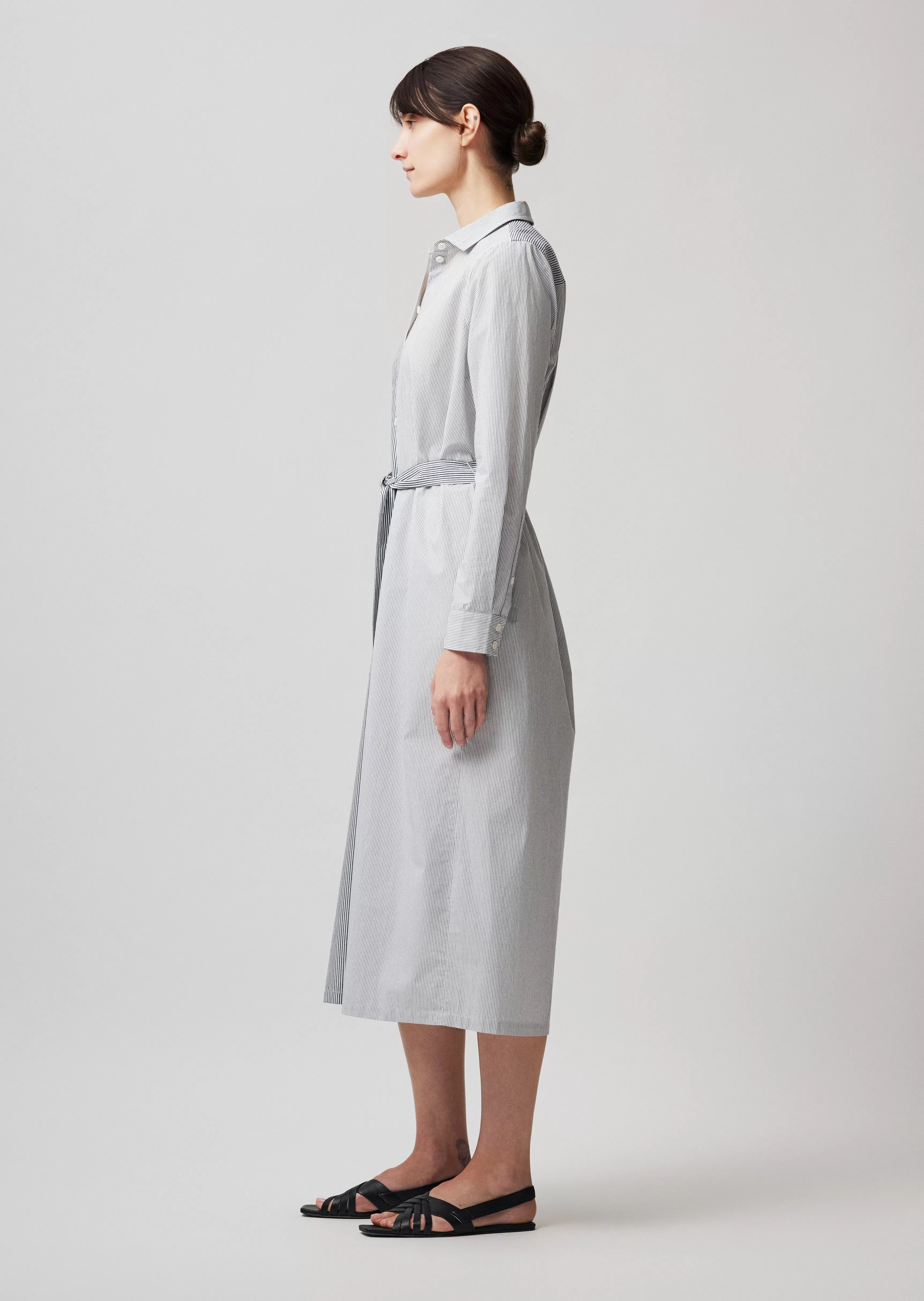 Mixed Stripe Shirting Belted Shirt Dress - Chalk-Ink