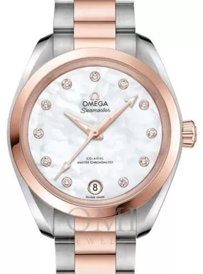 OMEGA SEAMASTER AQUA TERRA 150M CO-AXIAL MASTER CHRONOMETER 34MM STAINLESS STEEL SEDNA GOLD WHITE MOTHER OF PEARL DIAL DIAMOND SET INDEX 220.20.34.20.55.001 WITH STEEL AND ROSE GOLD BRACELET