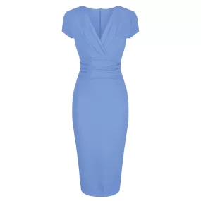 Pretty Blue Deep V Cap Sleeve Bodycon Ruched Waist Wiggle Dress