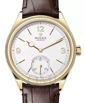 ROLEX PERPETUAL 1908 -52508 YELLOW GOLD WHITE DIAL DOMED/FLUTED BEZEL ALLIGATOR LEATHER STRAP