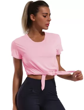 Tie Up Crop Top Short Sleeve T-Shirt lightpink_yogastudio